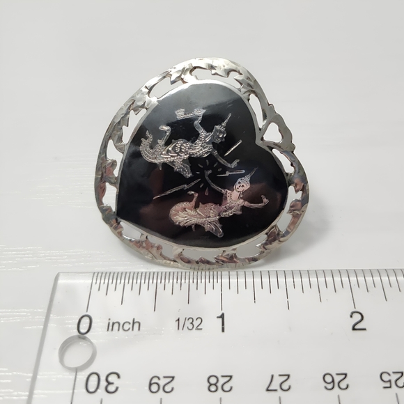 Antique Siam Nielloware Heart Brooch Pin w/ Ornate Diamond cutout edging - Picture 9 of 11